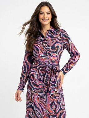 Banana Republic Navy and Pink Printed Long-Sleeve Shirt Dress (SIZE:10)